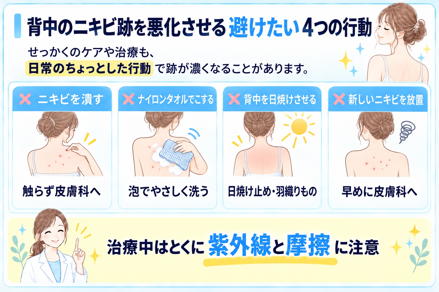 背中のニキビ跡を悪化させる避けたい4つの行動