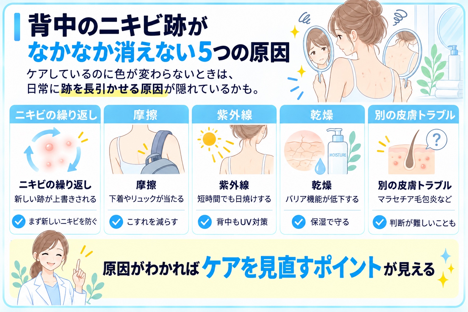 背中のニキビ跡がなかなか消えない5つの原因